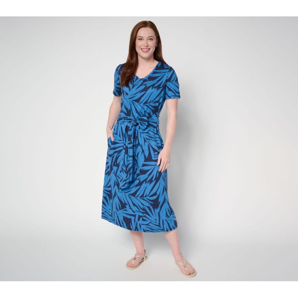 Wacoal Women's Plus Sz Dress 2X Denim & Co. Tie Waist Midi Pockets Blue A694887